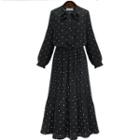 Dotted Bow Accent Long-sleeve Maxi A-line Dress