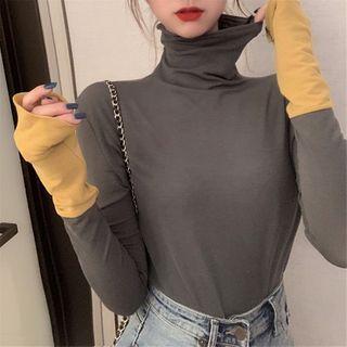 Long-sleeve Color Block Turtleneck T-shirt