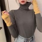 Long-sleeve Color Block Turtleneck T-shirt