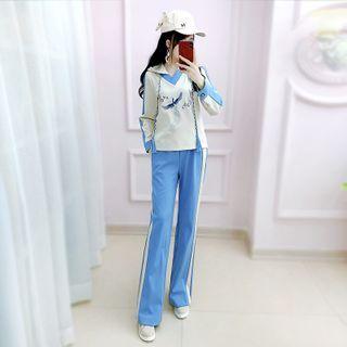 Set: Crane Embroidered Hoodie + Striped Boot-cut Pants