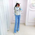 Set: Crane Embroidered Hoodie + Striped Boot-cut Pants