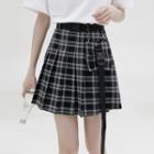 Plaid Mini A-line Pleated Skirt With Snap Buckle Belt