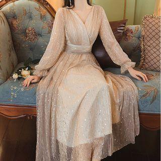 Long-sleeve Glitter Mesh Maxi A-line Gown