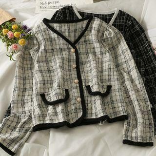 Contrasted V-neck Tweed Jacket