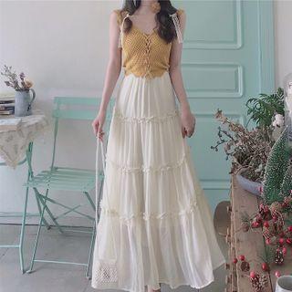 Lace -up Pointelle Knit Camisole Top / Ruffled Midi A-line Skirt