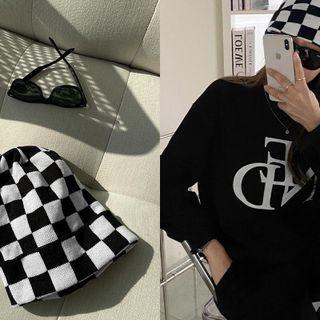 Checked Knit Beanie Black - One Size