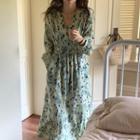 Long-sleeve Patterned Midi Dress Blue - One Size