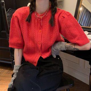 Short-sleeve Cable-knit Cardigan Red - One Size
