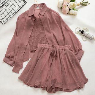 Set: Plain Shirt + Camisole Top + Drawstring Shorts