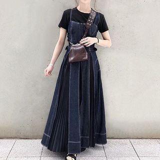 Pleated Denim Midi Overall Dress Dark Blue - One Size