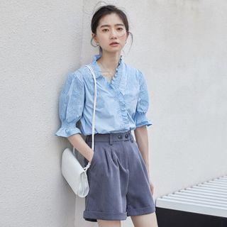 Puff-sleeve Frill Trim Floral Embroidered Blouse