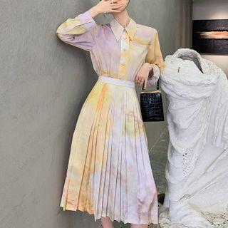 Tie-dyed Shirt / Accordion Pleat Midi A-line Skirt