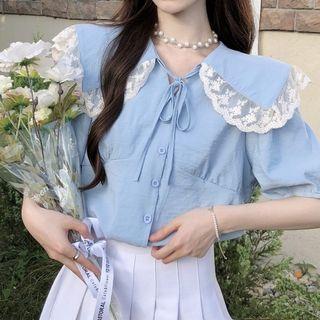 Short Sleeve Lace Trim Peter Pan Collar Blouse