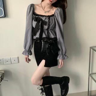 Long-sleeve Square-neck Plaid Bow Cropped Top As Shown In Figure - One Size