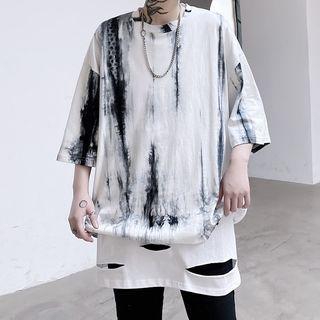 Mock Two-piece Distressed Tie-dyed Elbow-sleeve T-shirt