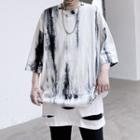 Mock Two-piece Distressed Tie-dyed Elbow-sleeve T-shirt