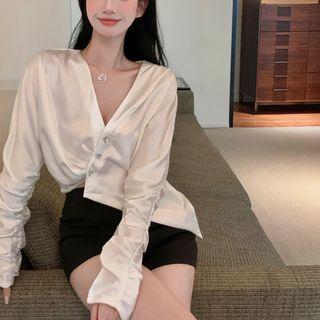 V-neck Asymmetrical Blouse White - One Size