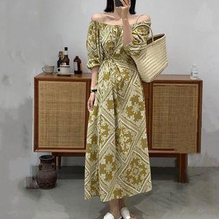 Off-shoulder Paisley Print Midi A-line Dress