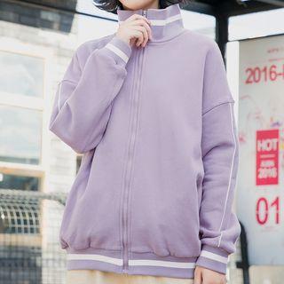 Stand Collar Lettering Embroidered Zip Knit Jacket