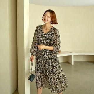 Gathered Tiered Leopard Midi Dress