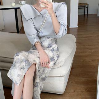 Elbow-sleeve Lapel Plain Shirt / High-waist A-line Printed Slit Midi Skirt