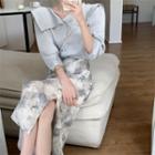 Elbow-sleeve Lapel Plain Shirt / High-waist A-line Printed Slit Midi Skirt