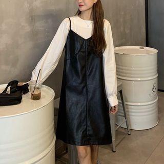 Set : Suspender Pu Dress + Long-sleeve Shirt