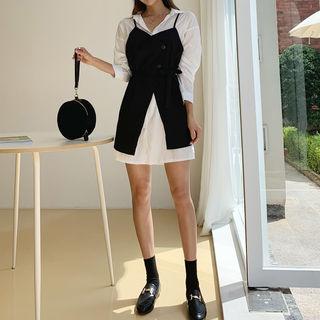 Set: Plain Shirtdress + Tie-waist Pinafore Dress Black - One Size