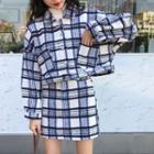 Oversized Plaid Cropped Jacket / High Waist Skirt