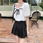 Short-sleeve Bow Detail Blouse / Mini Pleated Skirt