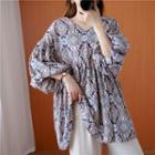 Balloon-sleeve Print Chiffon Blouse Dark Blue - One Size