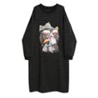 Long-sleeve Striped Cat Print Midi Dress Black - One Size