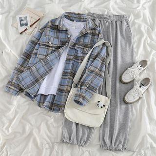Long-sleeve Plaid Shirt / Drawstring Sweatpants