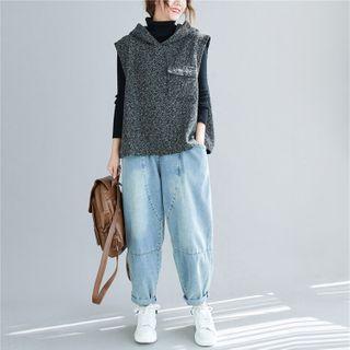 Faux Woolen Hooded Vest Dark Gray - One Size