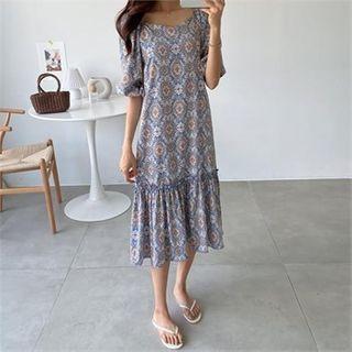 Off-shoulder Ruffle-hem Patterned Dress