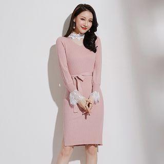 Lace Bell-sleeve Slim-fit Knit Dress