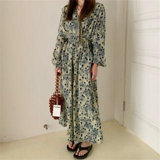 Long-sleeve Floral Print Midi A-line Dress Blue Square - Beige - One Size