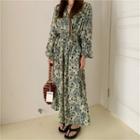 Long-sleeve Floral Print Midi A-line Dress Blue Square - Beige - One Size