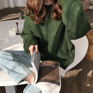 Long-sleeve Plain Sweater Green - One Size