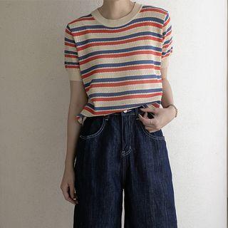 Multicolor-stripe Knit Top Beige - One Size