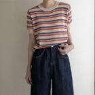 Multicolor-stripe Knit Top Beige - One Size