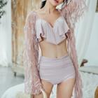 Set: Ruffled Bikini Top + Swim Bottom + Feathered Cover-up Light Jacket