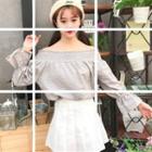 Long-sleeve Off-shoulder Check Top Beige - One Size