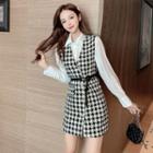 Set: Long-sleeve Shirt / Sleeveless Houndstooth Mini A-line Dress + Belt