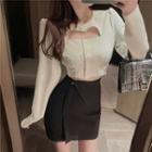 Long-sleeve Cutout Blouse / Mini Fitted Skirt