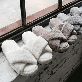 Cross-strap Furry Slippers Ivory - One Size
