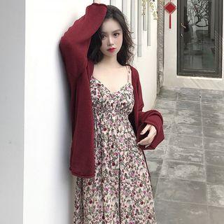 Spaghetti Strap Floral Print A-line Midi Dress / Cardigan