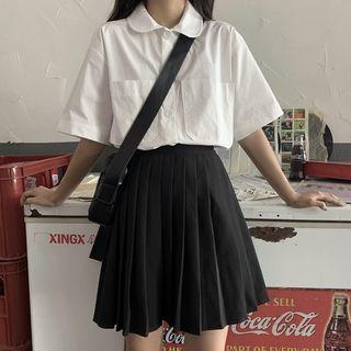 Elbow-sleeve Pocket Detail Shirt / Pleated Skirt
