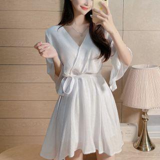 Elbow-sleeve V-neck Tie-waist Mini A-line Dress