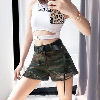 Frayed Camo Denim Shorts